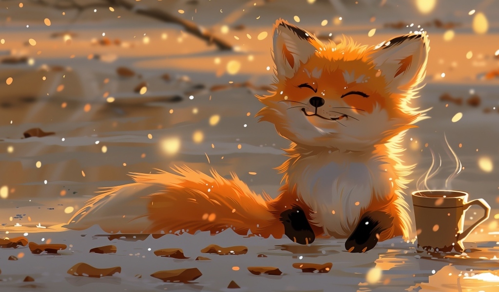 Нарисованный рыжий лисенок с чашкой