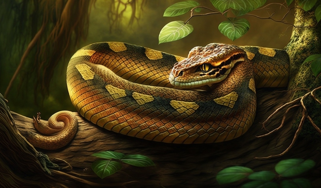 Нарисованная змея на ветке дерева