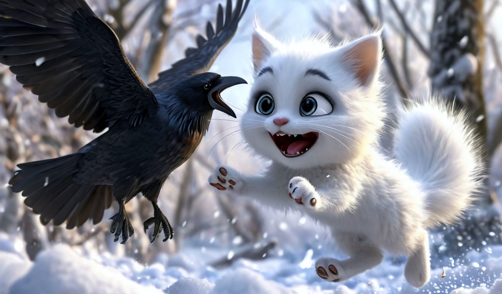 Нарисованный белый котенок играет с вороном