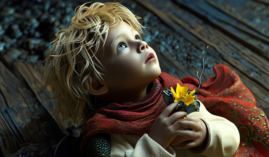 Маленький светловолосый нарисованныЙ мальчик с цветком