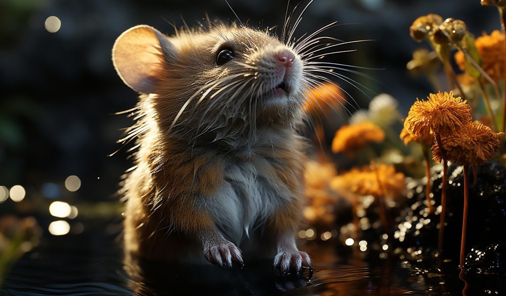 Маленький мышонок в мокрой траве