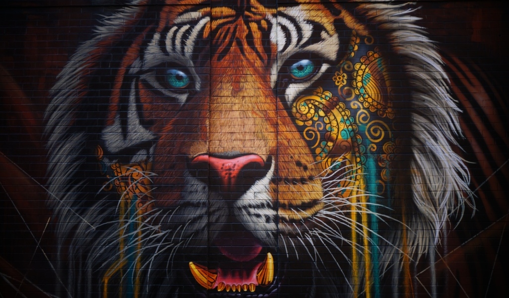 Нарисованное граффити тигра на стене