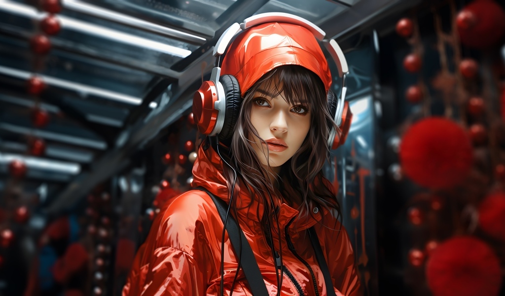 Нарисованная девушка в красной куртке с наушниками на голове