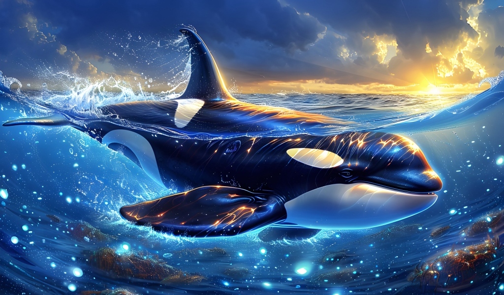 Большая черная косатка плавает в волшебном море