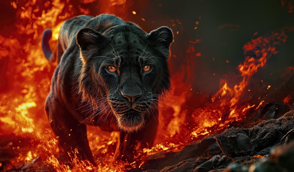 Черная пантера идет по огненной земле