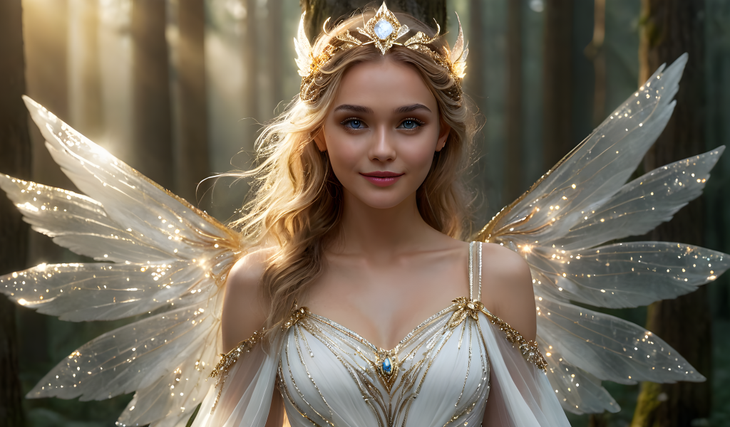 Девушка фея с крыльями в красивом платье