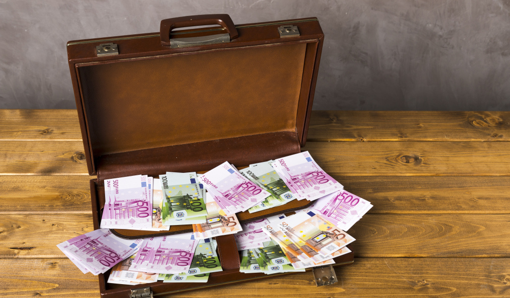 Большой кожаный чемодан с купюрами евро
