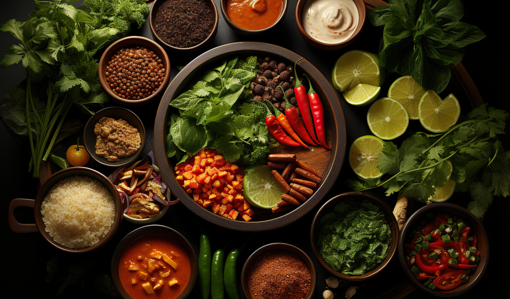 Ароматные специи, зелень и овощи на столе