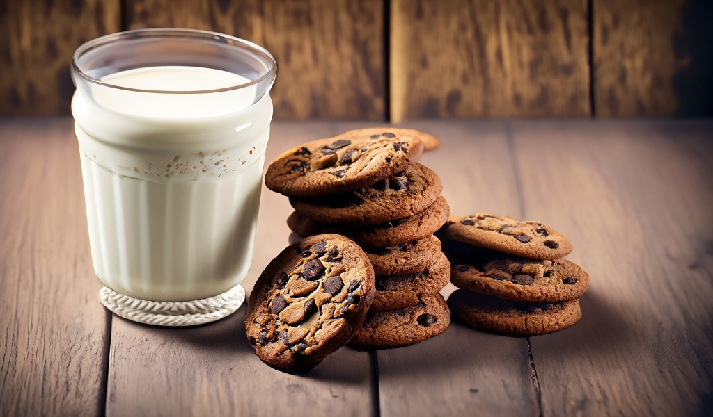 Стакан молока с круглым печеньем на столе