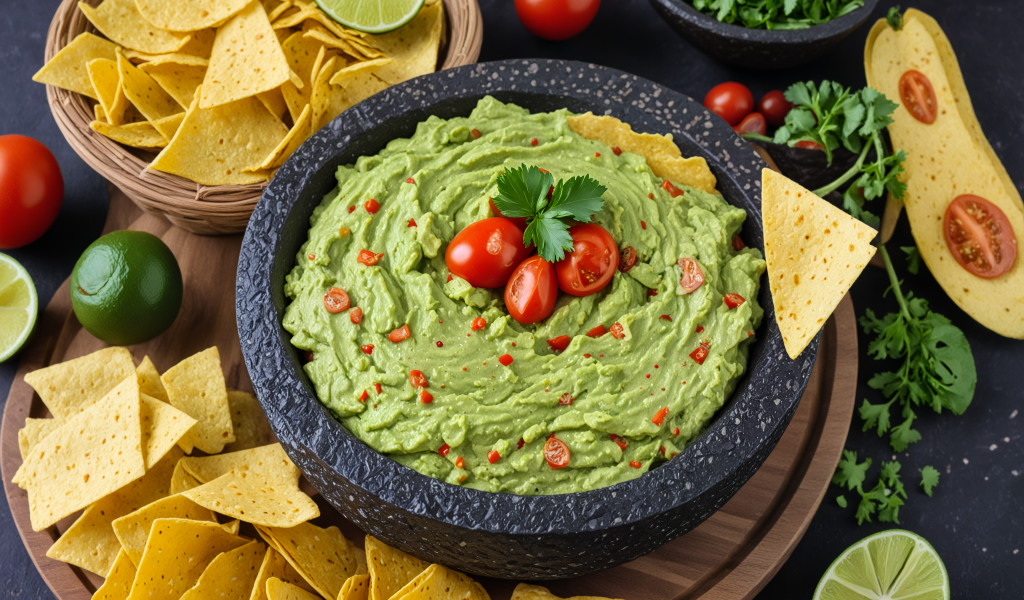 Закуска гуакамоле на столе с чипсами