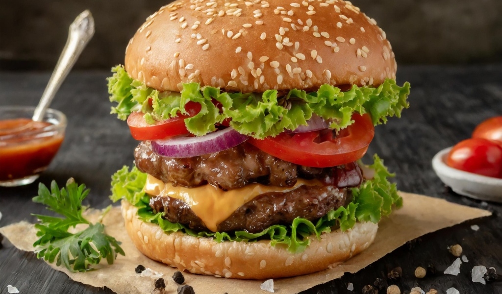 Гамбургер крупным планом на столе со специями