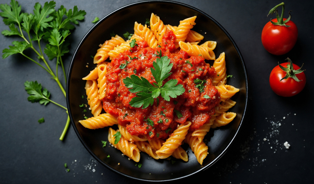 Макароны с томатной пастой на тарелке