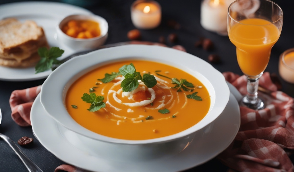Тыквенный суп пюре с гренками на столе