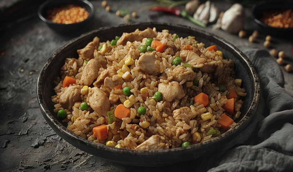 Рис с курицей в сковороде