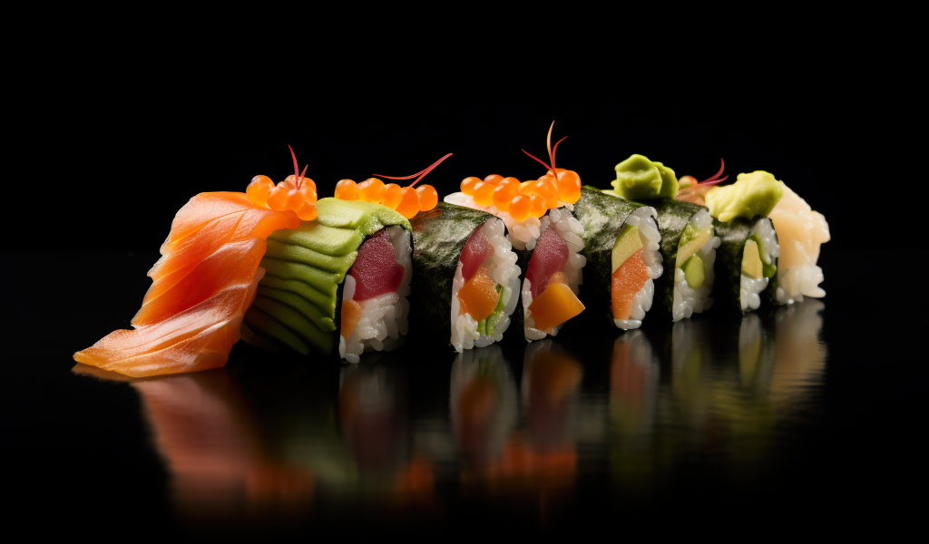 Роллы с красной рыбой и икрой на черном фоне