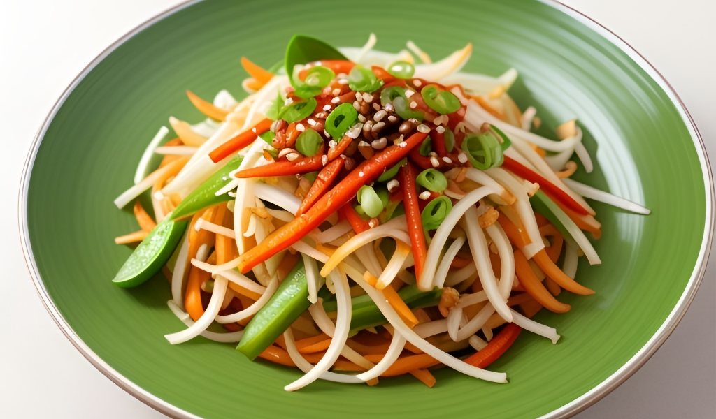 Салат из свежих натертый овощей на зеленой тарелке