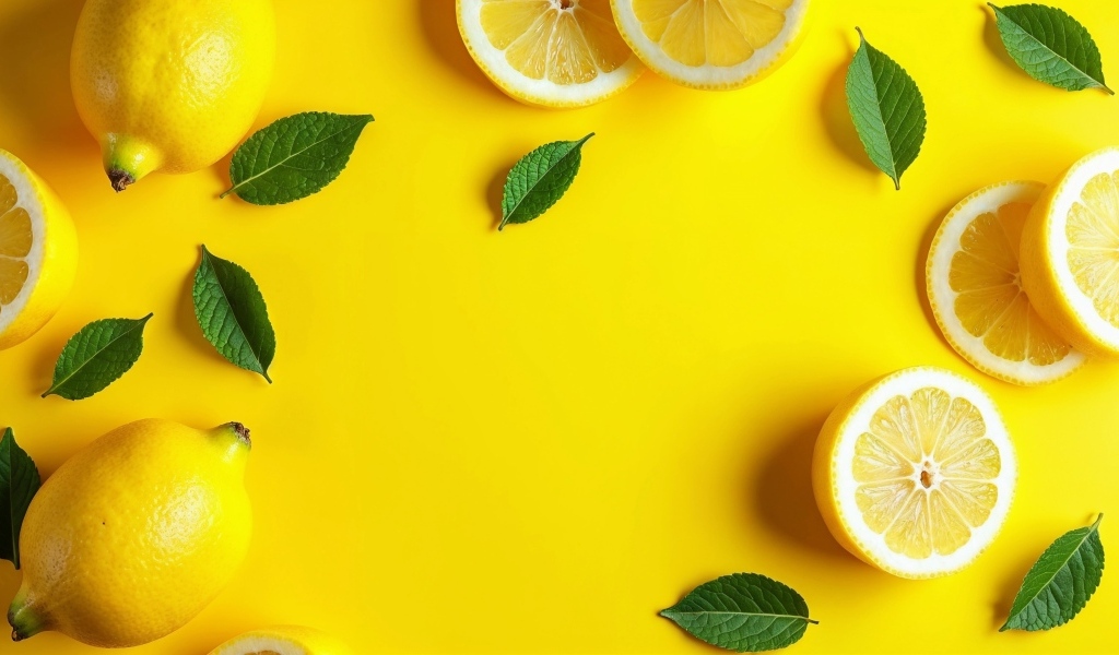 Яркий желтый фон с лимонами и зелеными листьями