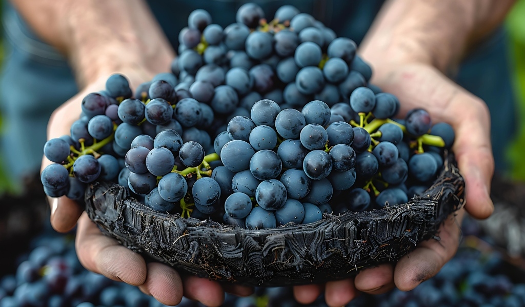 Гроздья синего винограда в руках 