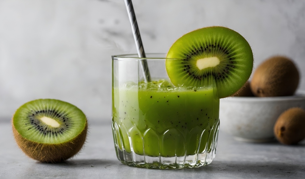 Стакан сока киви на столе с фруктами