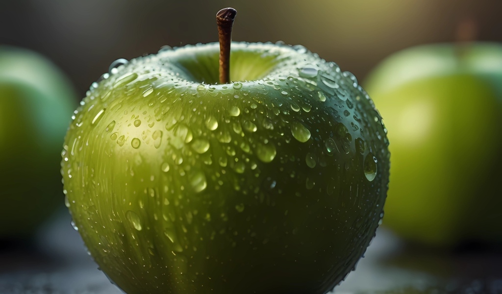 Крупное зеленое яблоко в каплях воды