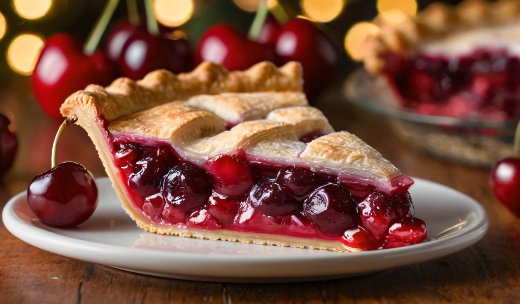 Кусок вишневого пирога на столе с ягодами