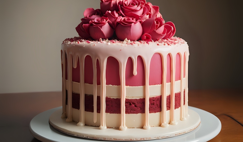 Красивый торт с кремовыми розами на тарелке