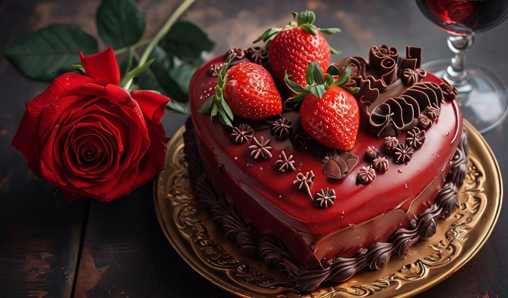 Красивый торт в шоколаде с клубникой и красной розой