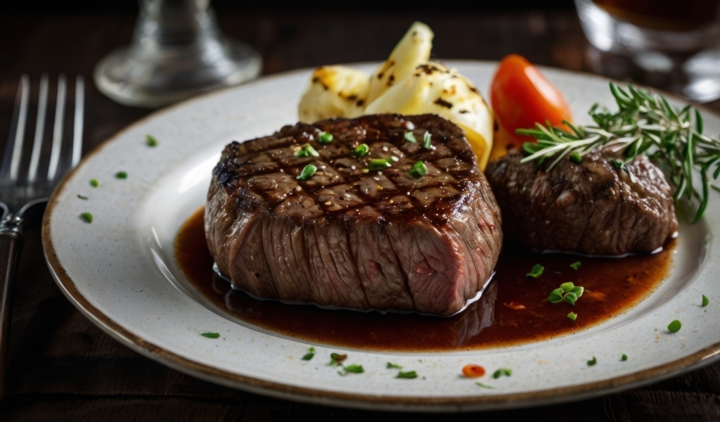 Кусок сочного стейка на тарелке на столе