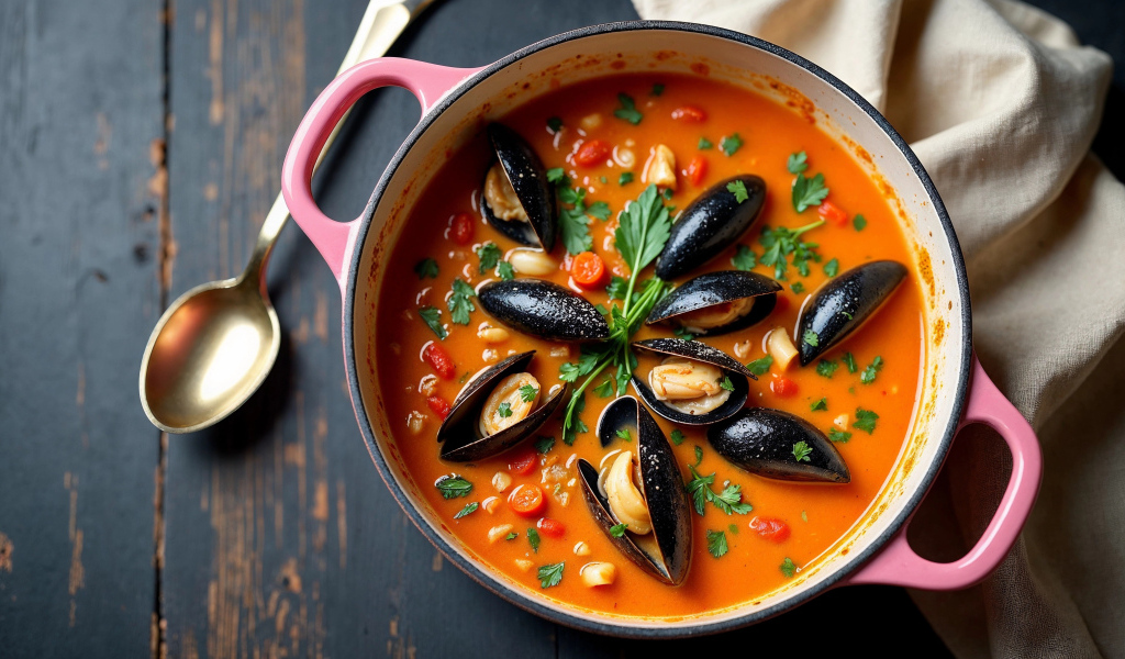 Томатный суп с мидиями на столе