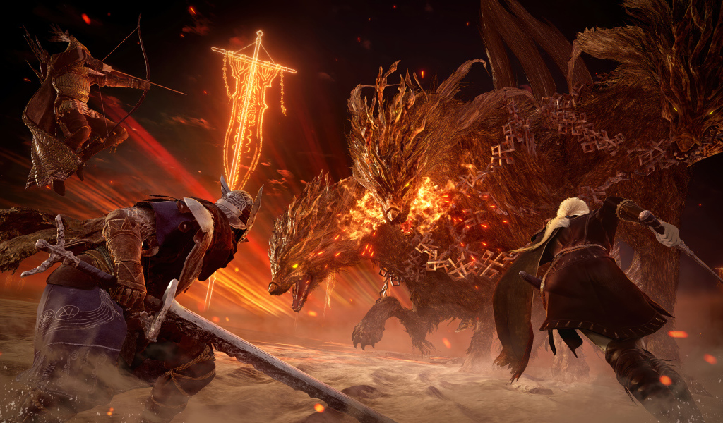 Огненный монстр в компьютерной игре Elden Ring Nightreign