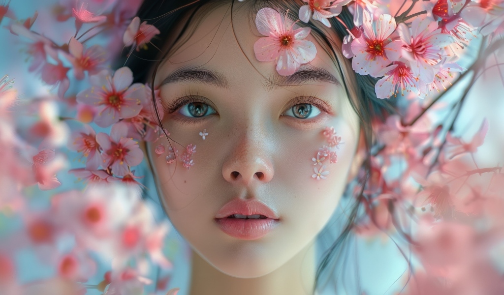 Красивая девушка азиатка с розовыми цветами сакуры