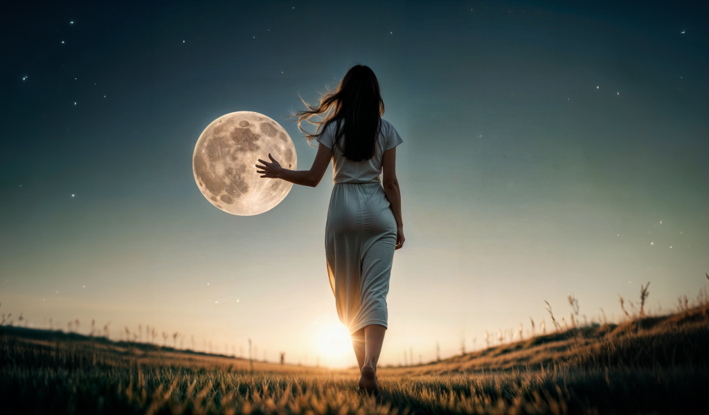 Девушка трогает луну рукой