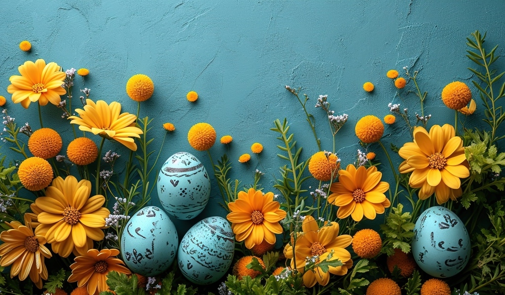 Синий фон с цветами и яйцами на Пасху