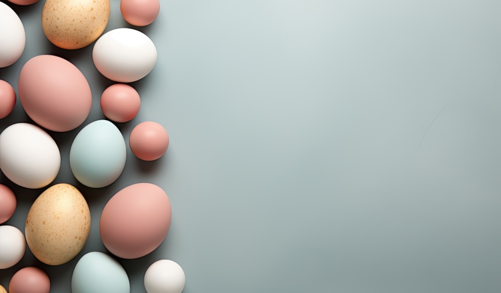 Много разноцветных яиц на сером фоне