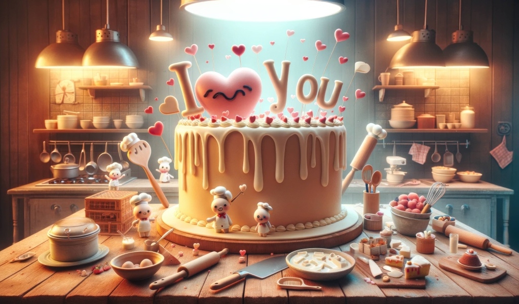 Торт с надписью Я тебя люблю на кухне на столе