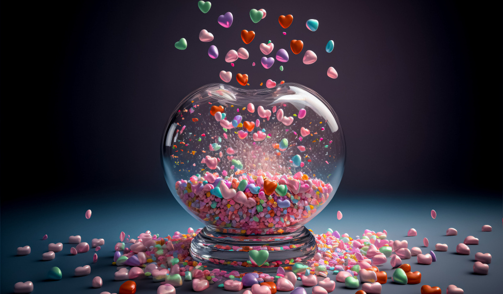 Стеклянный сосуд с маленькими разноцветными сердечками