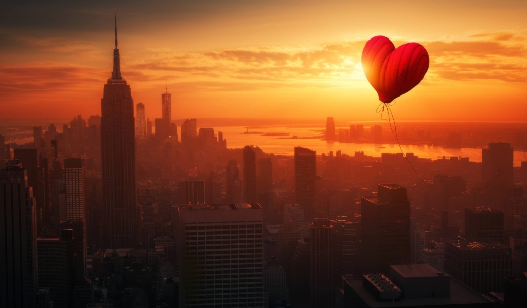 Шар в форме сердца летает над городом