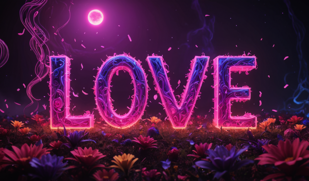 Надпись любовь в свете луны с волшебными цветами