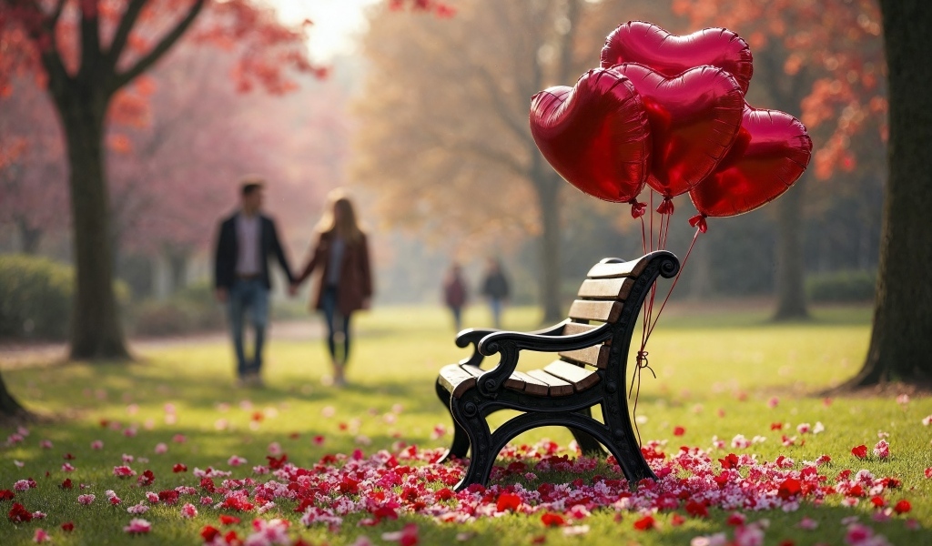 Лавка в парке с шариками в форме сердца