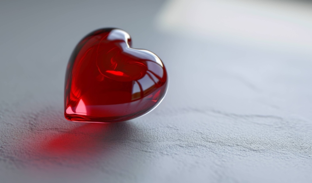Красное стеклянное сердце на сером столе