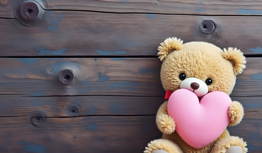 Маленький плюшевый мишка с розовым сердцем у стены
