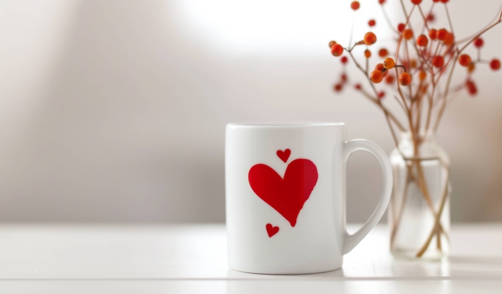 Белая кружка с красным сердцем на столе