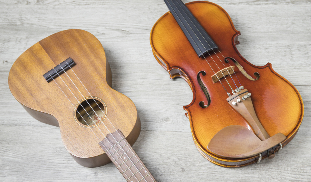 Скрипка и гитара на деревянном фоне