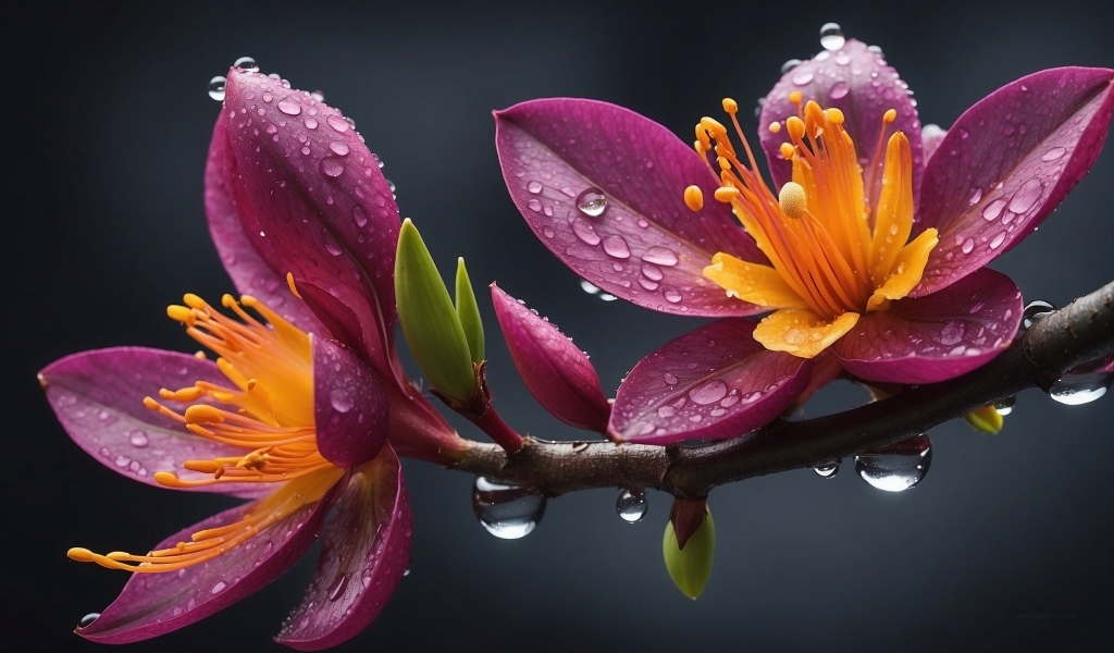 Красивые сиреневые цветы в каплях дождя на ветке