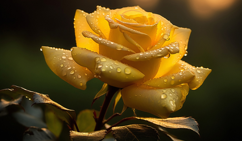 Красивая желтая роза с каплями росы на лепестках