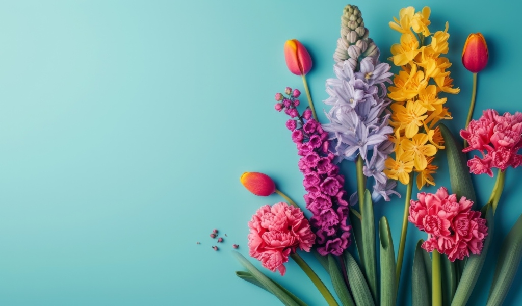 Букет красивых весенних цветов на голубом фоне