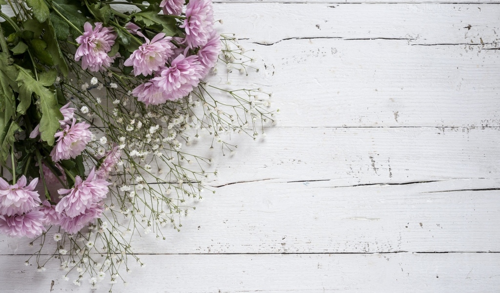 Букет розовых цветов хризантемы и белых цветов гипсофилы