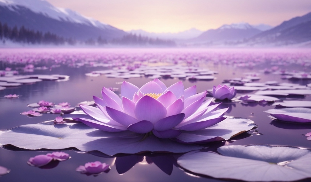 Озеро с крупными розовыми цветами лотоса