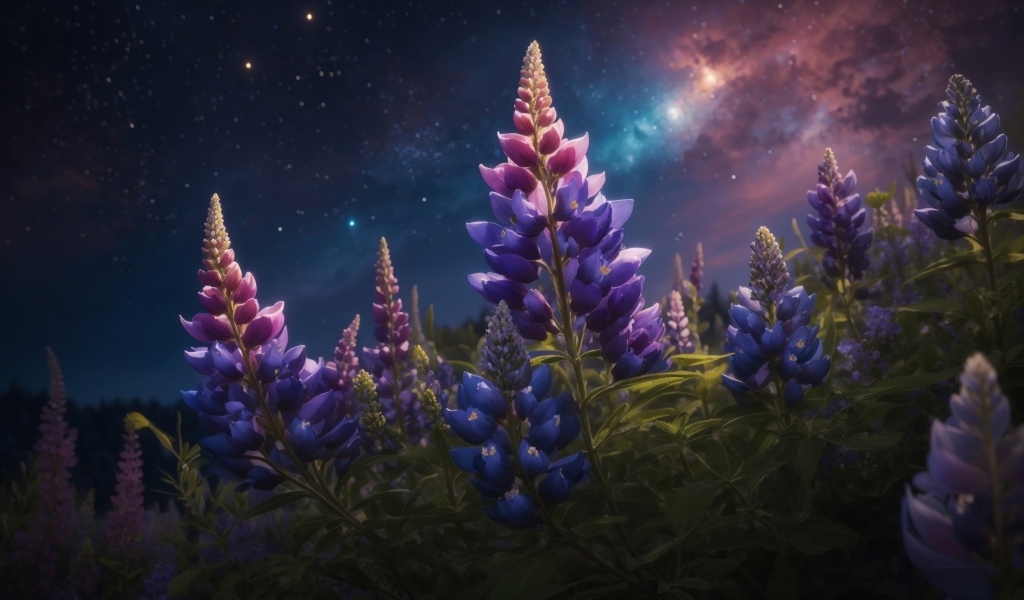 Цветы люпина под красивым ночным небом