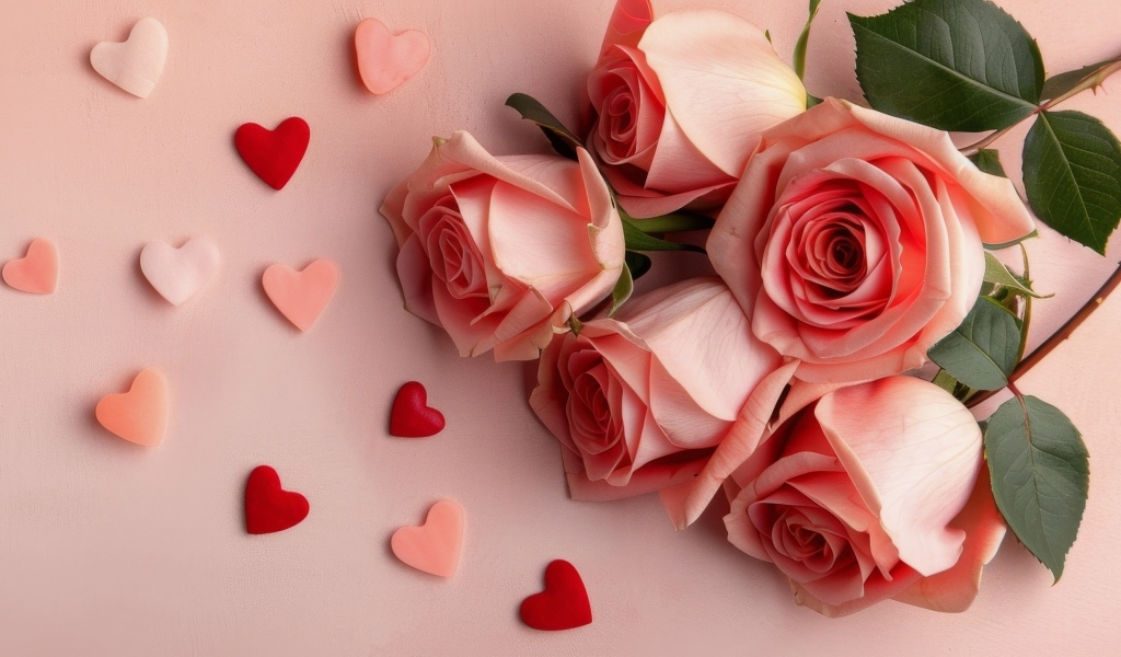 Розовые розы с маленькими сердечками на розовом фоне